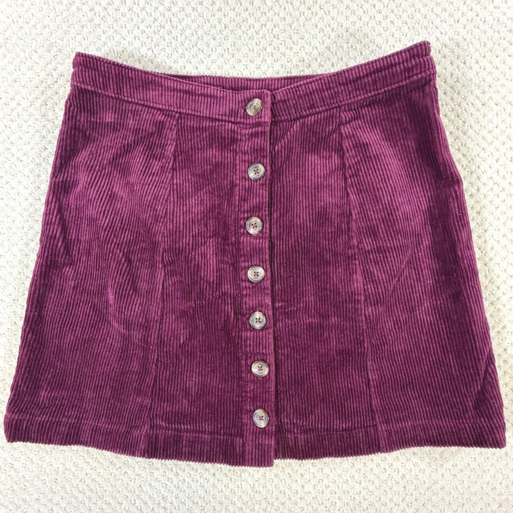 Corduroy Mini Skirt Junior Large Burgundy Maroon Button Front 70s Mod Fall Layer